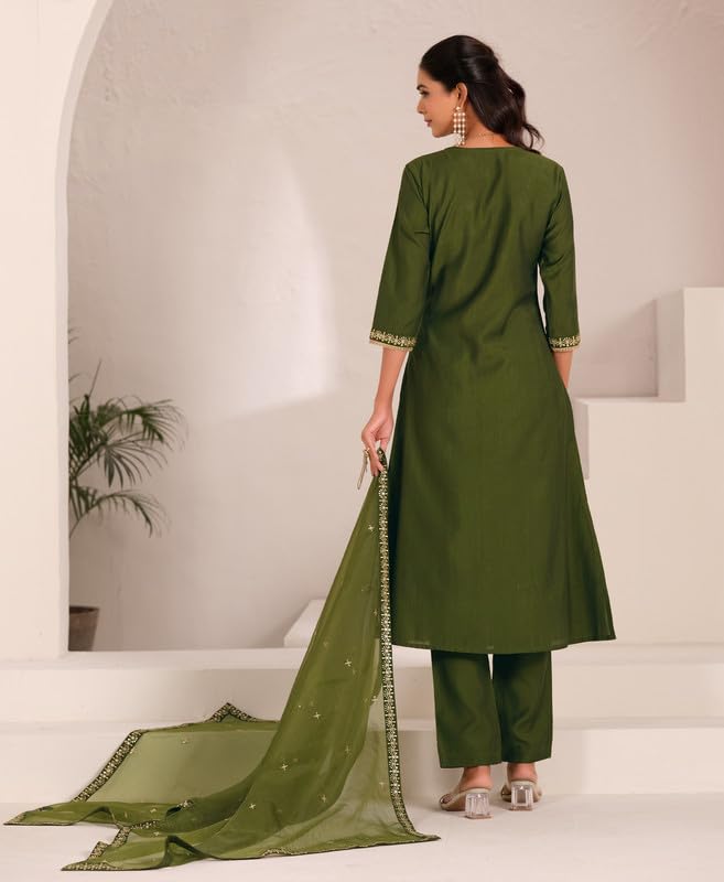 Olive Green Kurta Pant Set with Dupatta | Elegant Embroidered Ethnic Wear for Women