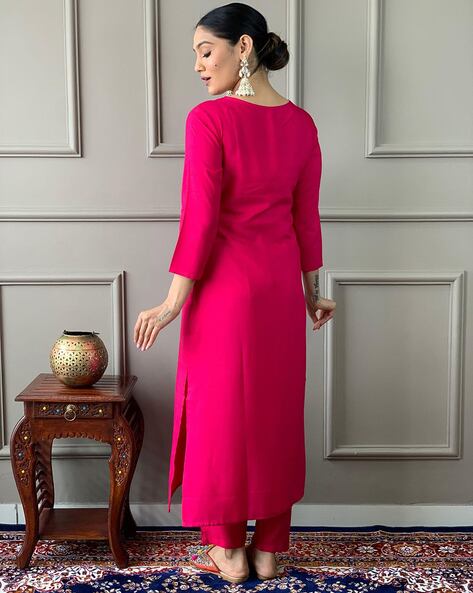 Pink Embroidery Straight Kurta Set