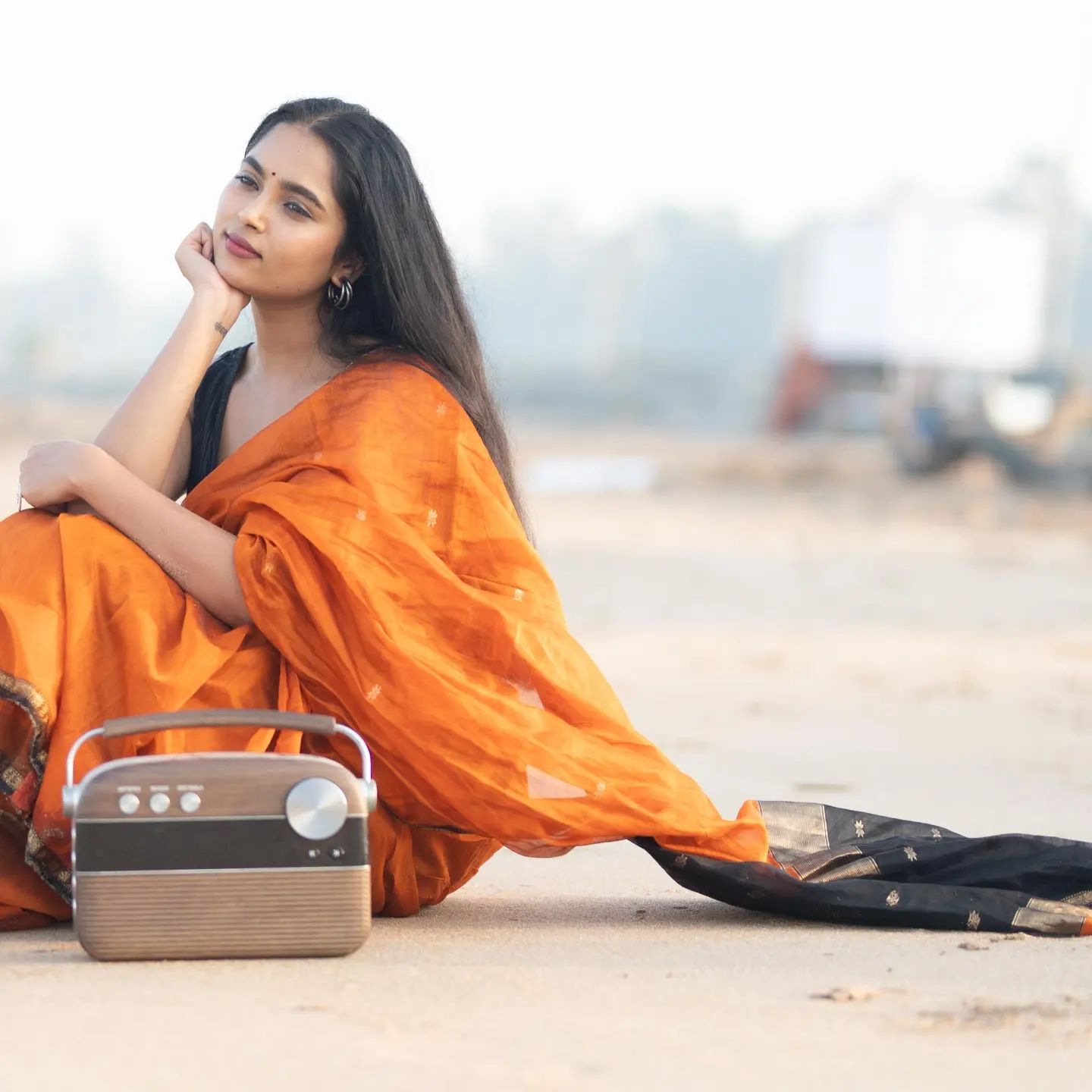 Elegant Orange  Saree with Black Border for Women