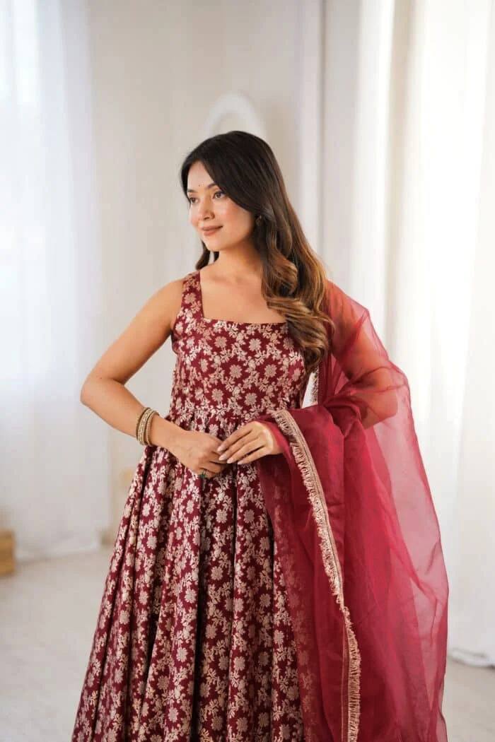 Rich Maroon Brocade Banarasi Jacquard Flared Anarkali Kurti with Sheer Organza Lace Dupatta Set for Women