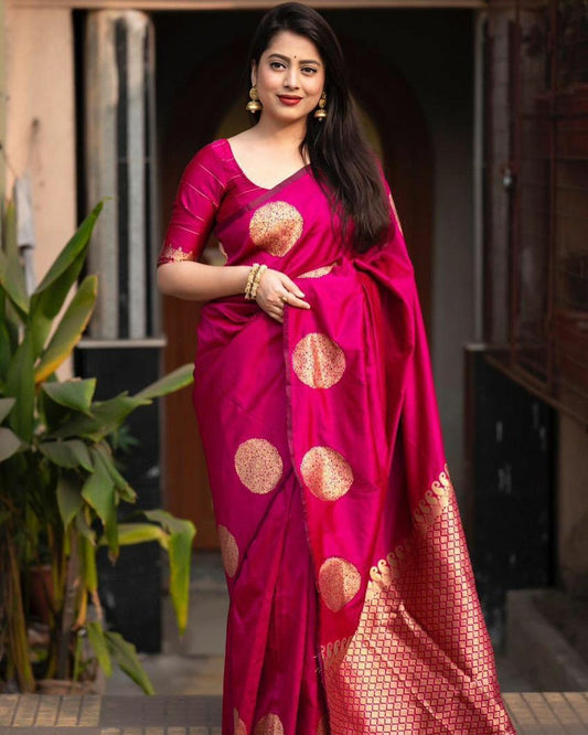 Elegant Pink Banarasi Saree with Gold Detailing