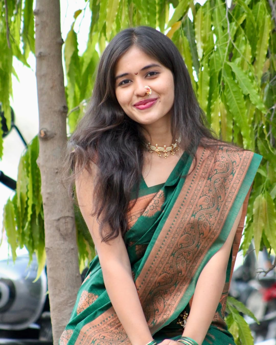 Emerald Green Silk Saree with Copper Zari Work