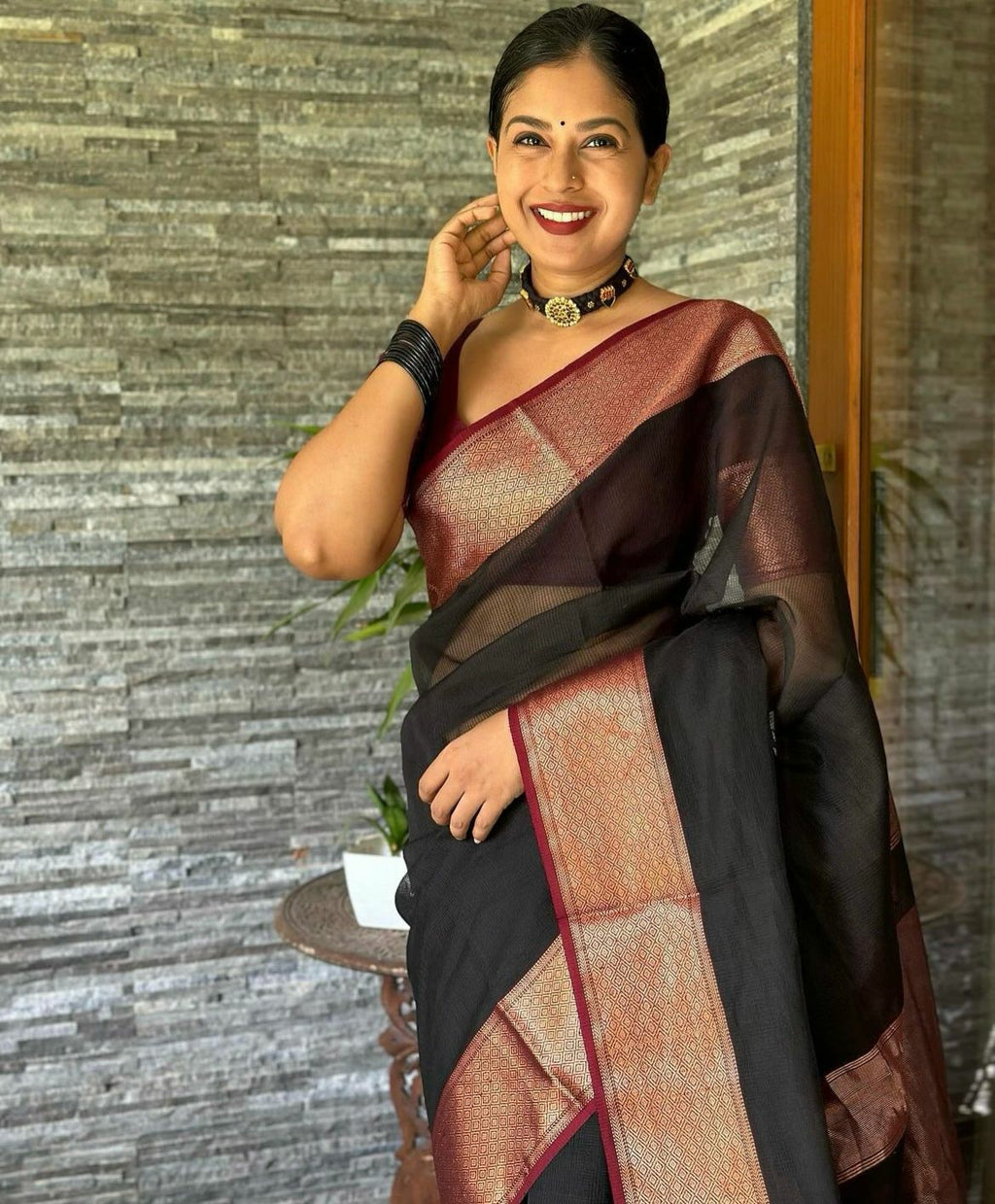 Black Silk Saree with Copper-Gold Border