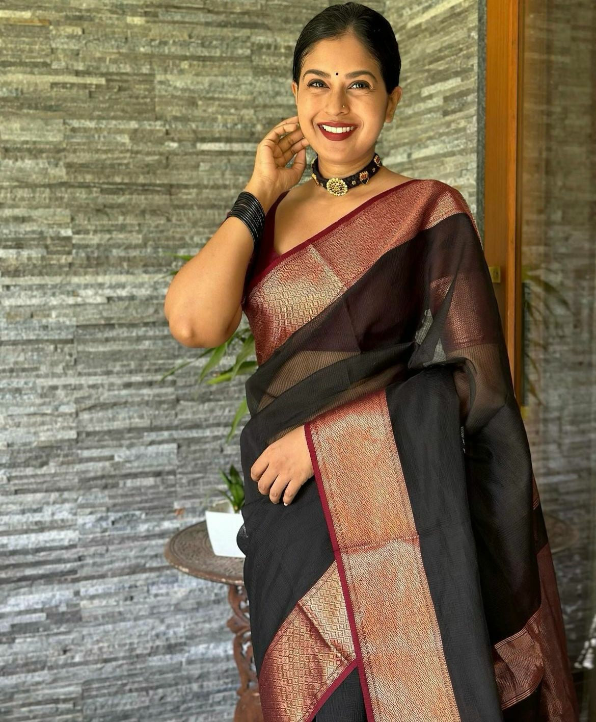 Black Silk Saree with Copper-Gold Border