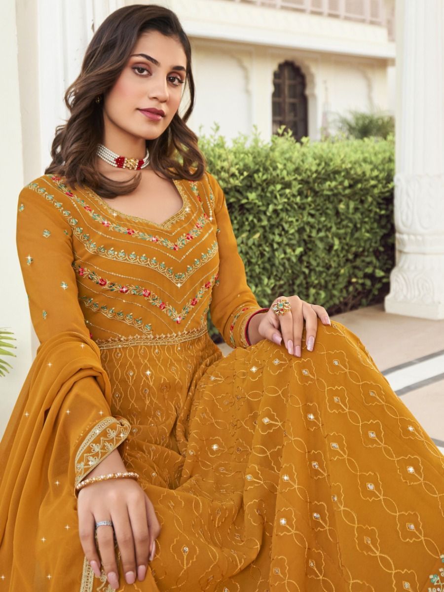 Mustard Yellow Embroidered Kurta Set with Dupatta for Women