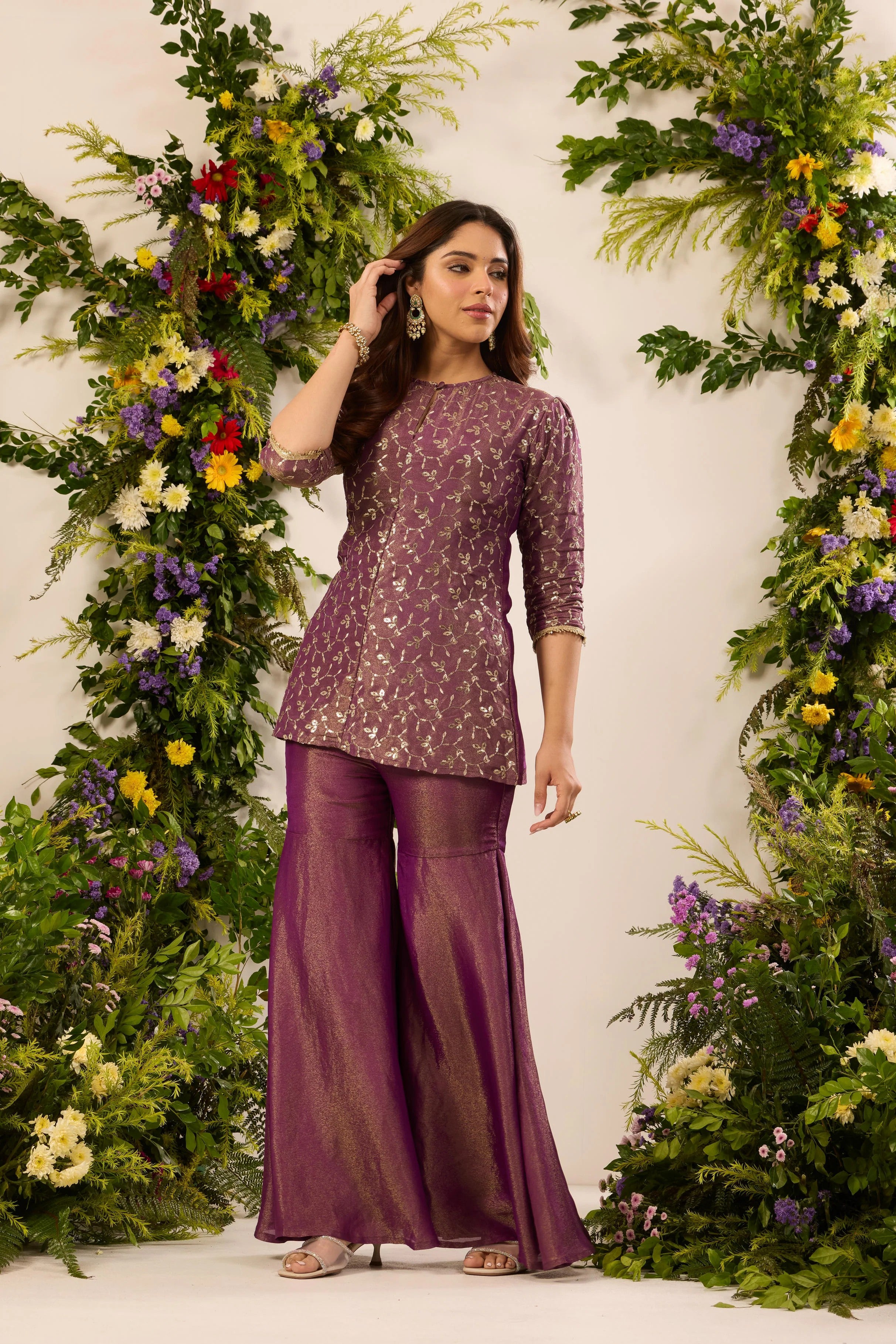 Elegant Purple Metallic Thread Embroidery Kurti with Wide-Leg Sharara Pants & Dupatta Set for Women