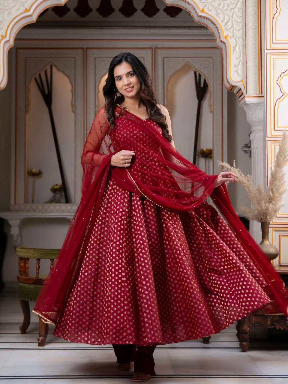 Stunning Maroon Red Banarasi Jacquard Booti Flared Anarkali Kurti with Straight Pants & Net Dupatta Set for Women