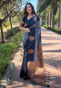 Black & Grey Silk Saree with Copper Zari Border | Elegant Festive & Party Wear Saree