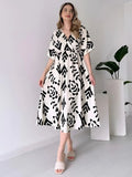Classic White Dress with Black Print