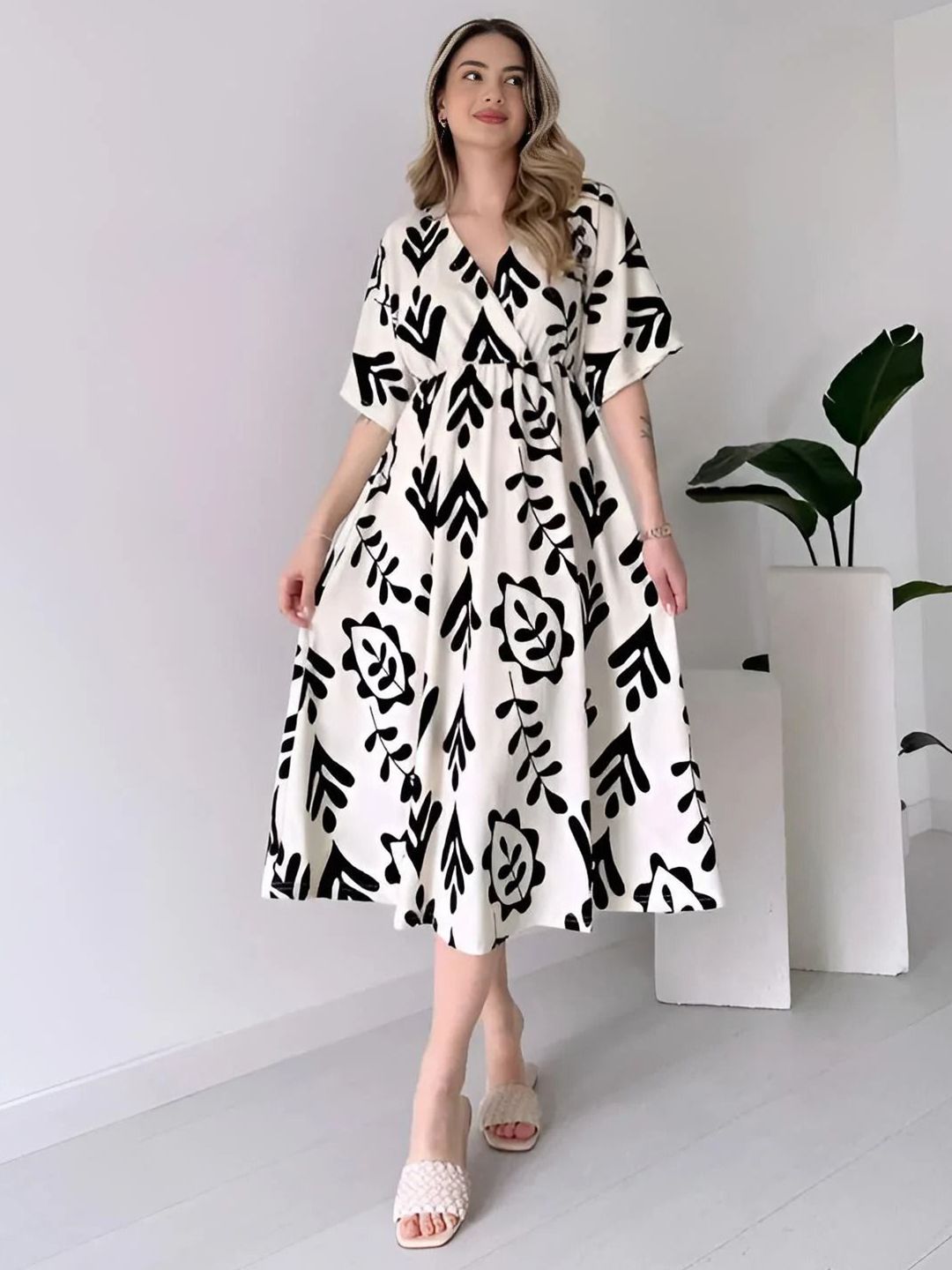 Classic White Dress with Black Print