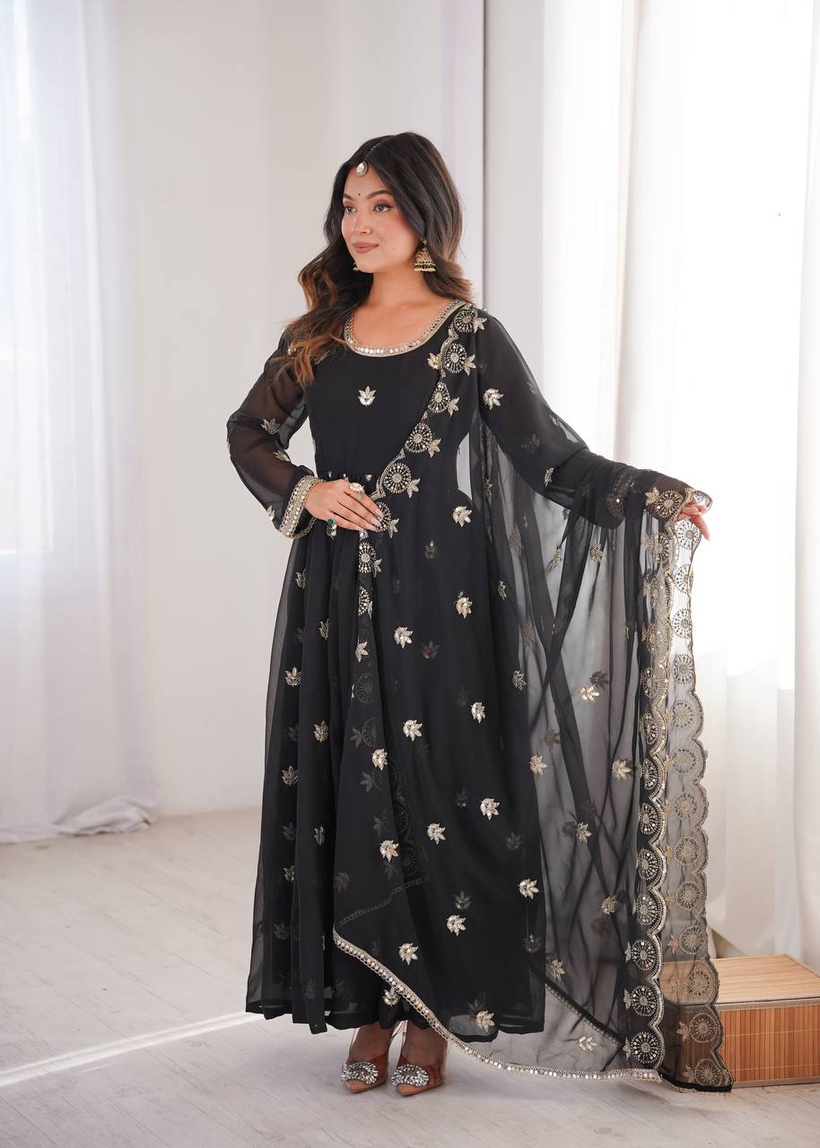 Black Georgette Embroidered Anarkali Suit Set with Cutwork Dupatta