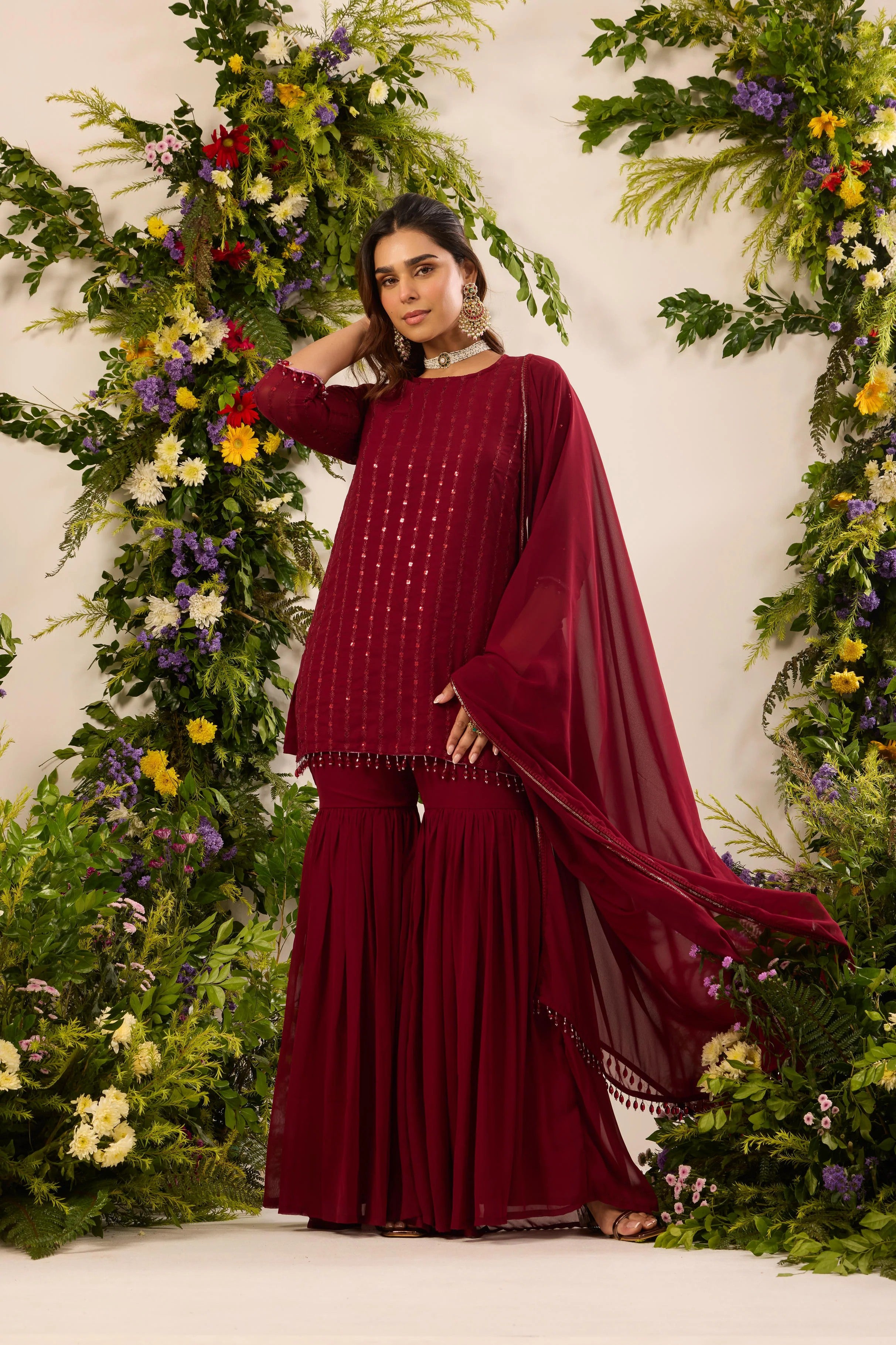 Elegant Maroon Georgette Sequin Embroidery Kurti with Pleated Sharara Pants & Matching Dupatta Set for Women