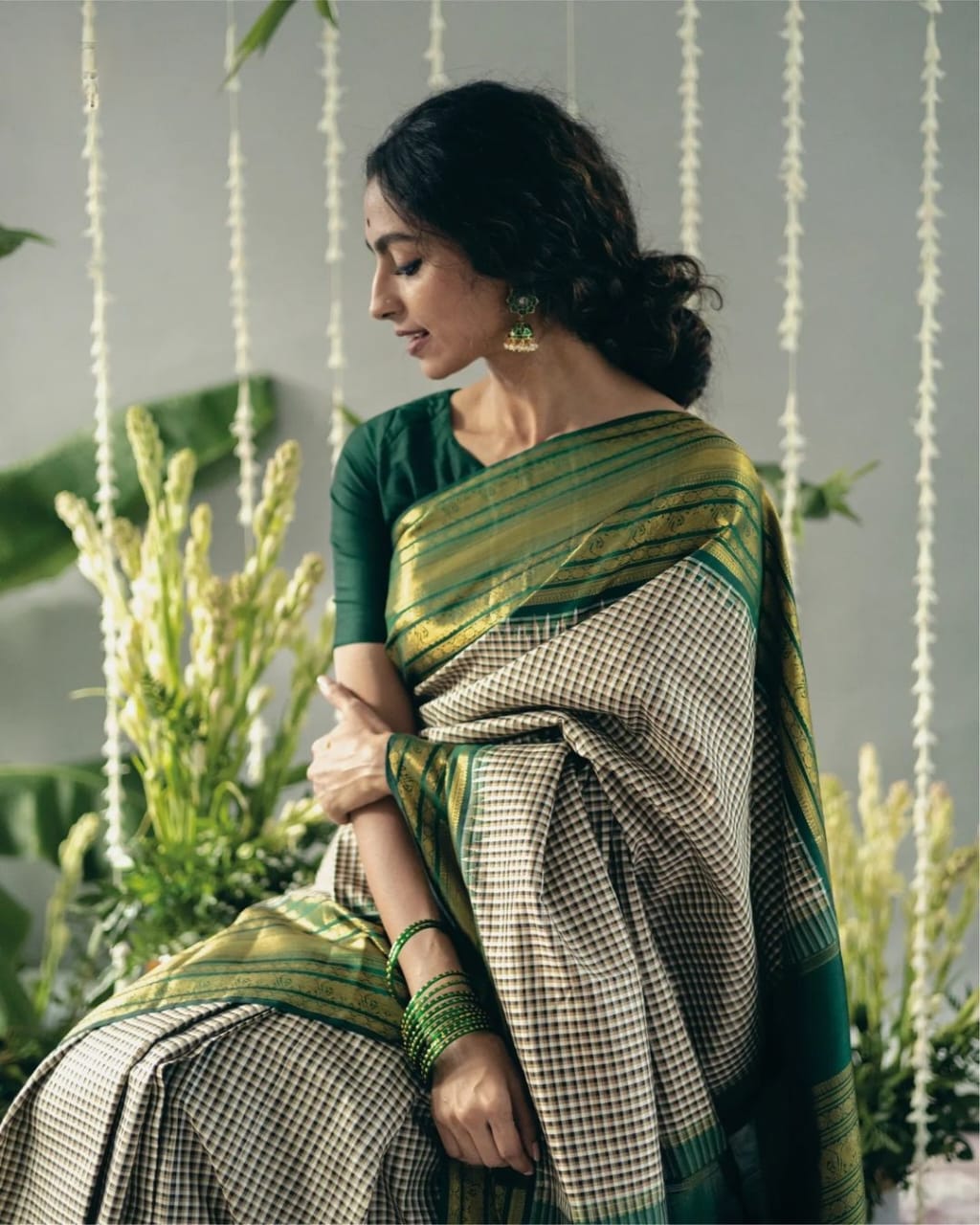 Green Cotton Saree with Beige Checks & Gold Border