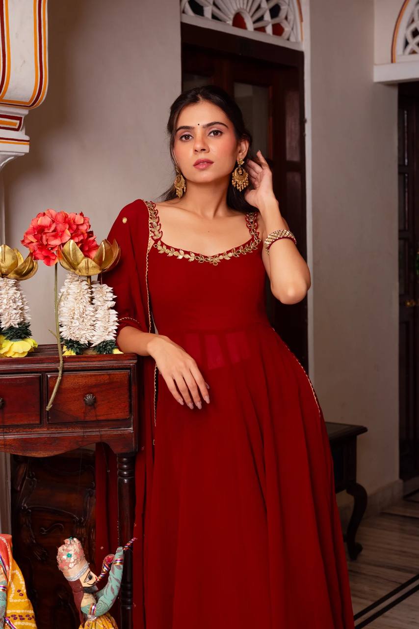 Royal Deep Red Strappy Georgette Anarkali Kurti with Flared Bottoms & Gold Embroidered Dupatta Set for Women