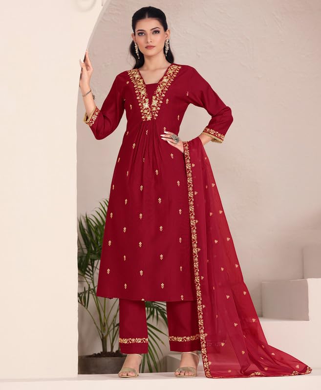 Red Embroidered Kurta Set with Dupatta for Women