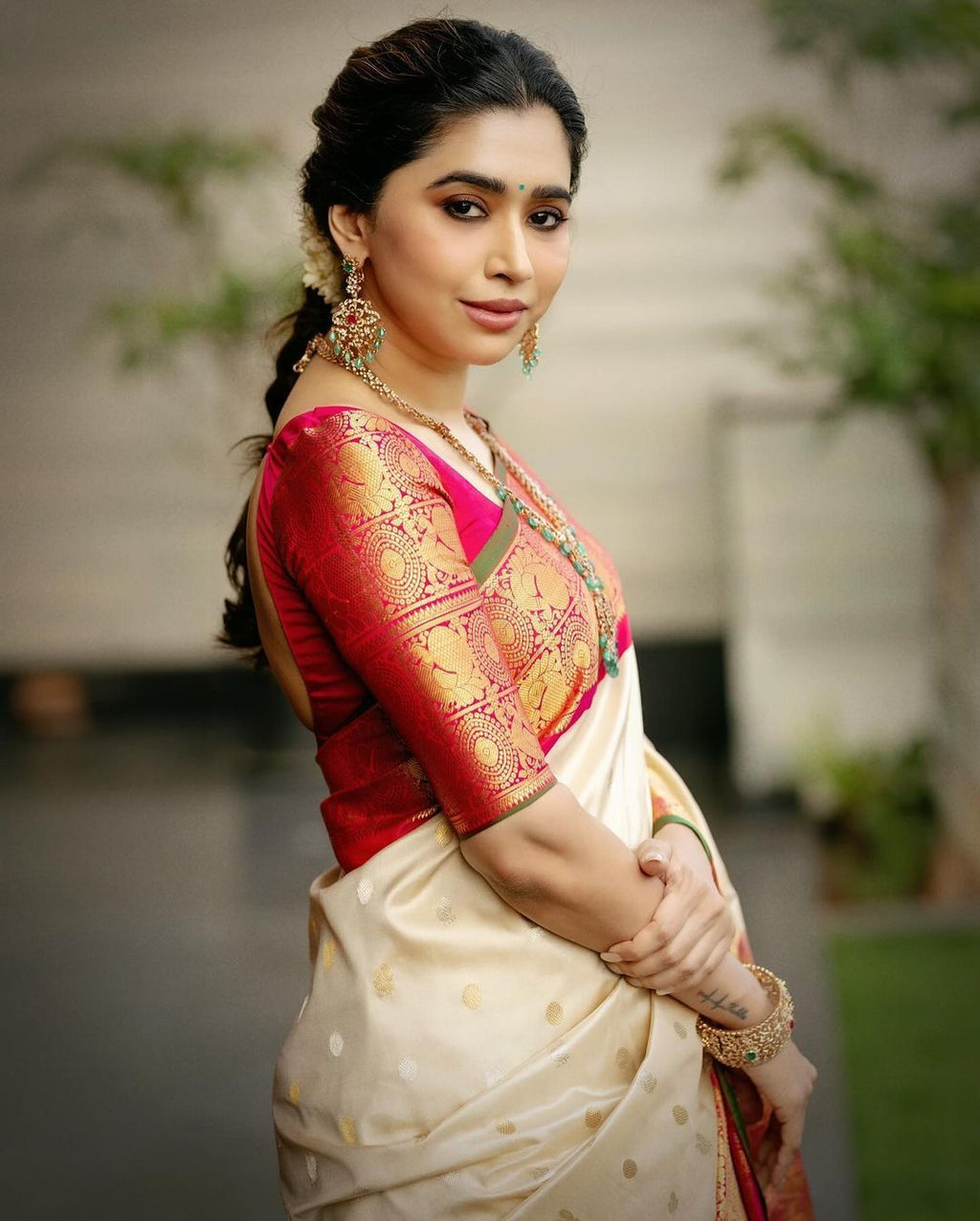 Beige Silk Saree with Red & Gold Zari Border