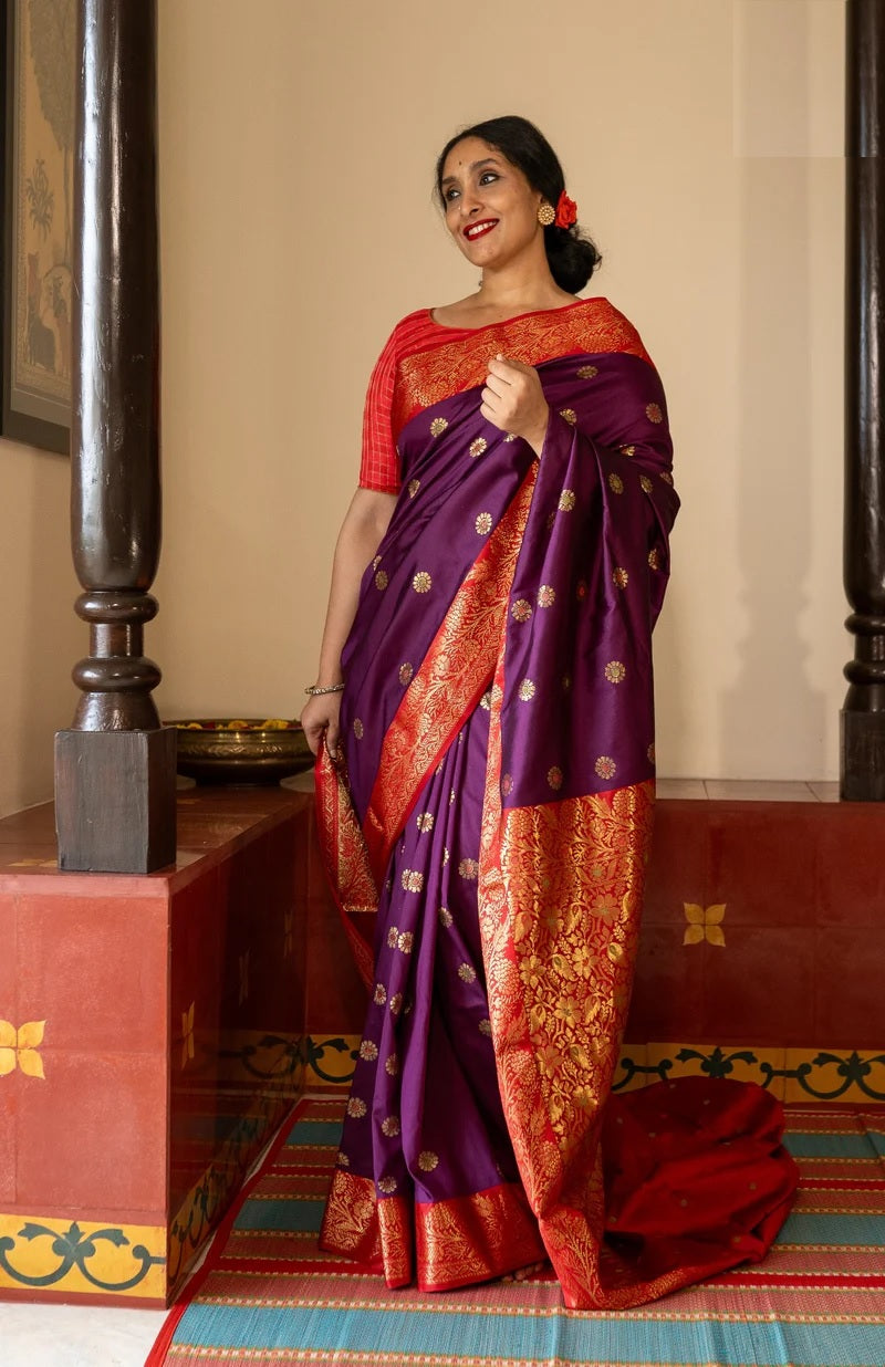 Black Saree with Red Border and Gold Motifs