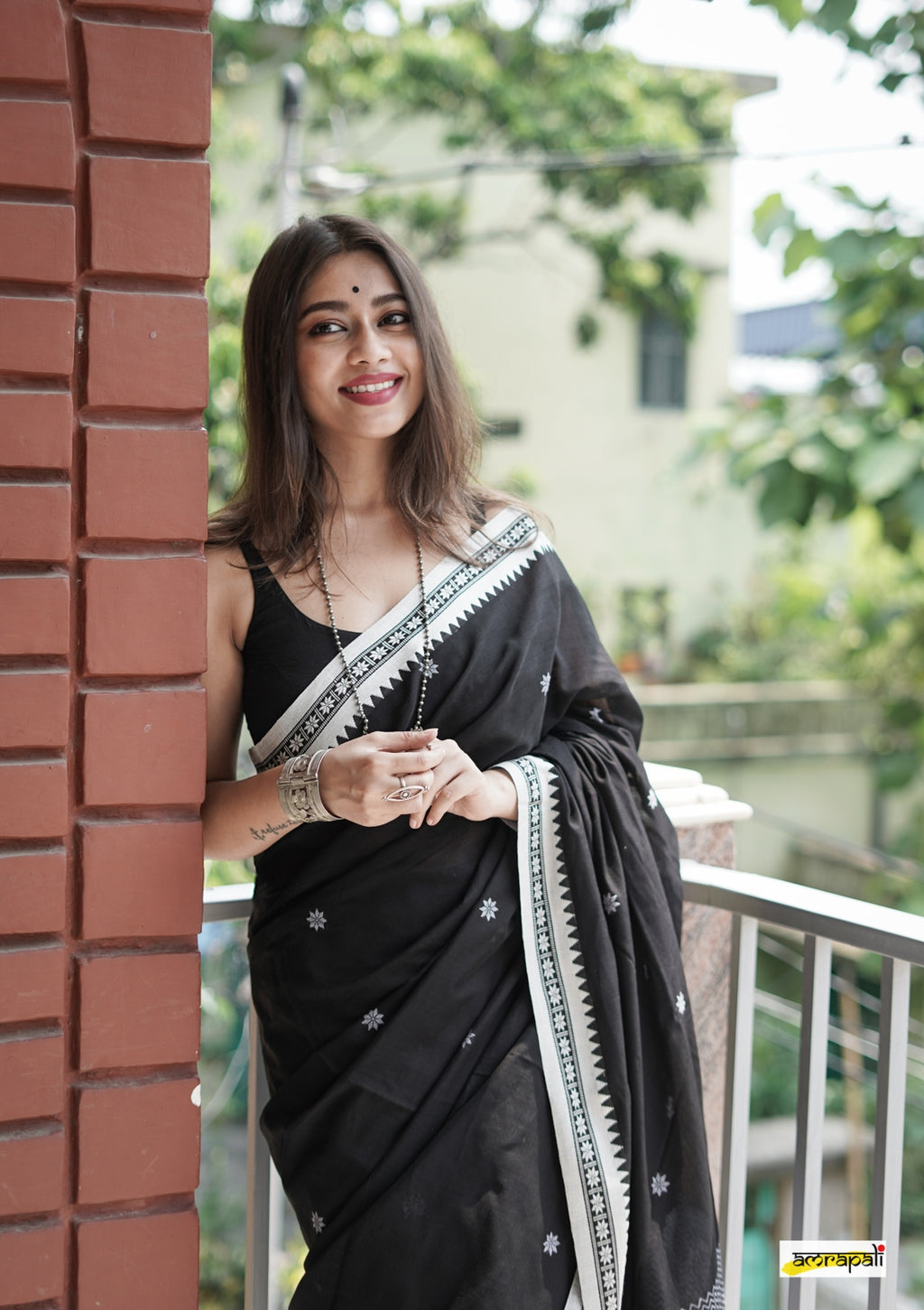 Black Cotton Saree with White Border