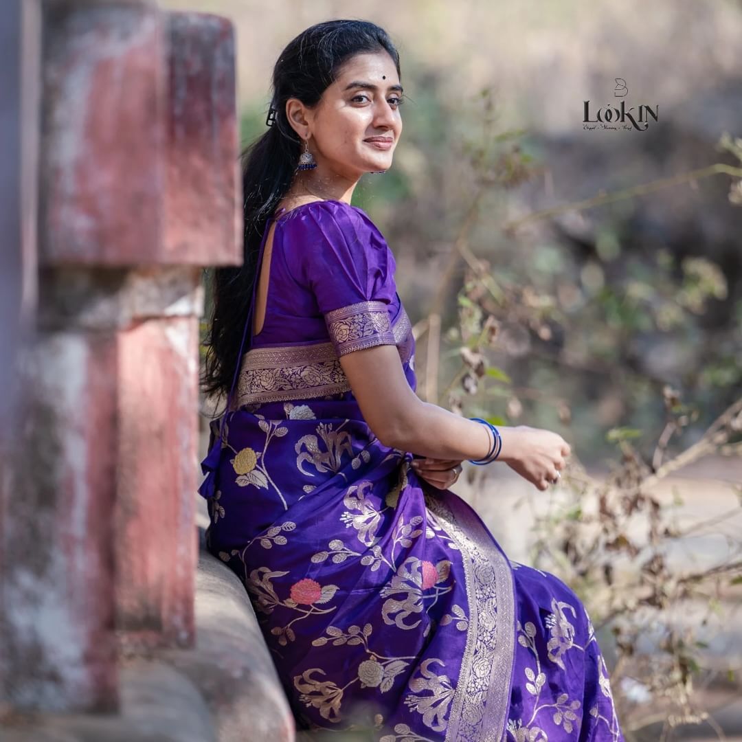 Purple Floral Woven Silk Saree with Zari Border