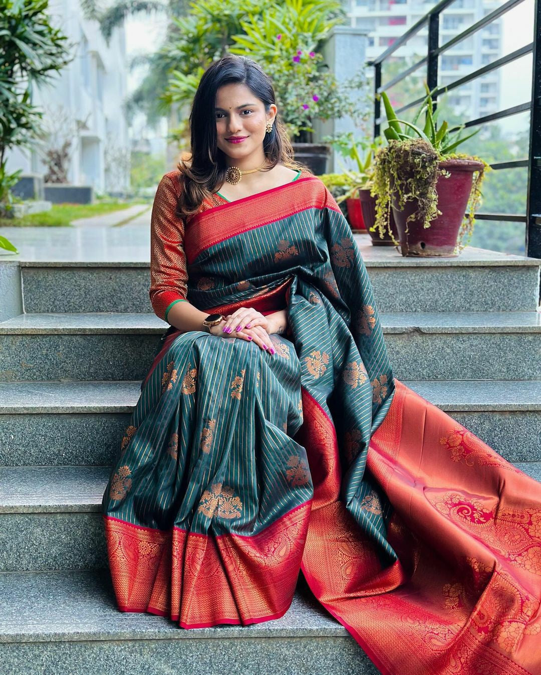 Dark Green Silk Saree with Red & Gold Border