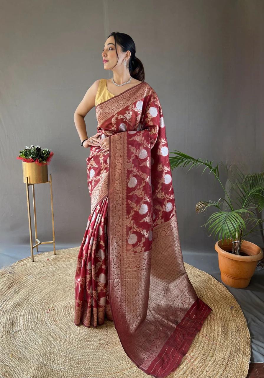 Elegant Silk Saree with Floral Motifs & Rich Zari Border