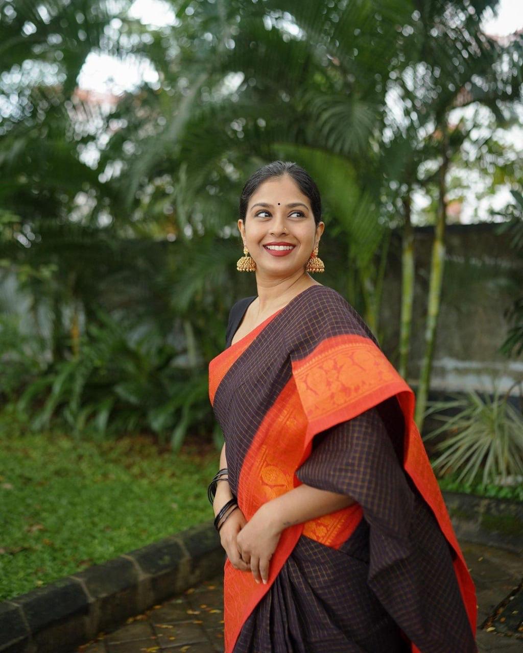 Black Cotton Saree with Orange Border | Handloom Casual & Festive Wear Saree