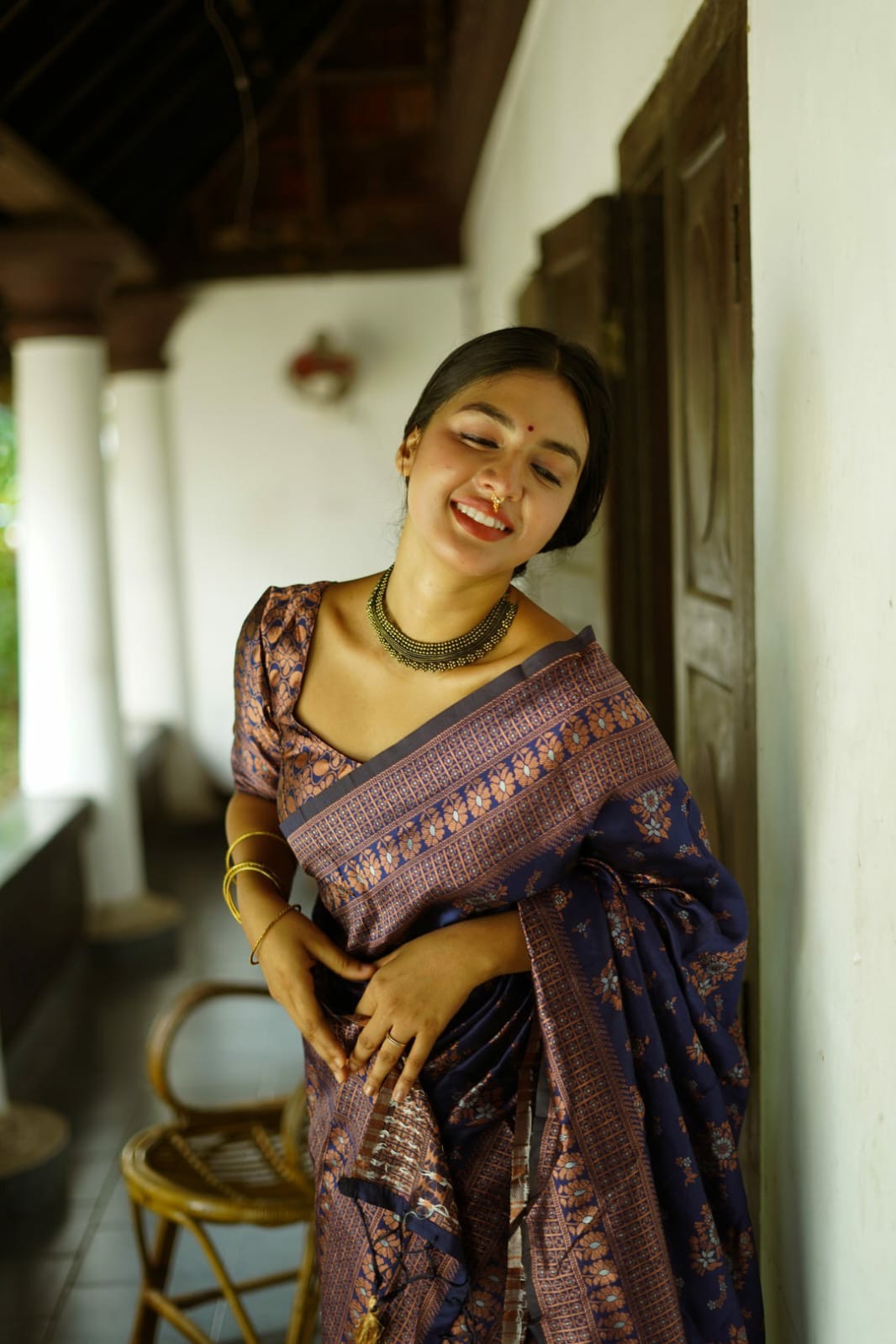 Navy Blue Silk Saree with Copper Floral Motifs