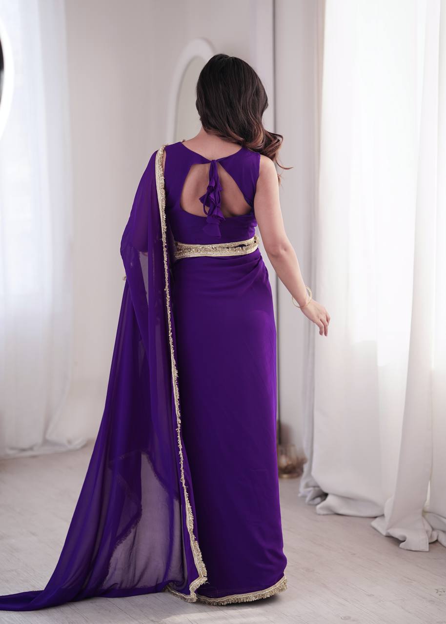 Purple Georgette Kaftan Saree with Heavily Embroidered Neck Collar