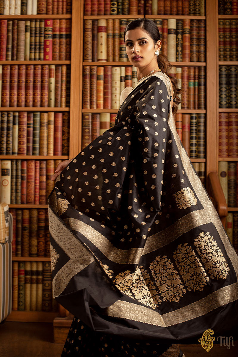 Black Banarasi Silk Saree with Gold Zari Border & Motifs
