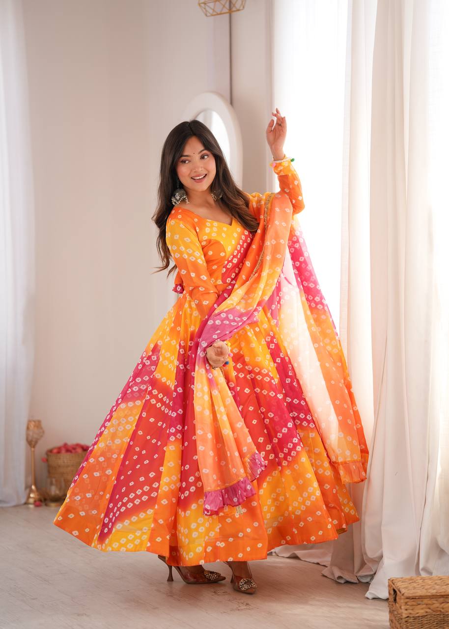 Yellow and Pink Bandhani Printed Anarkali Suit Set with Dupatta