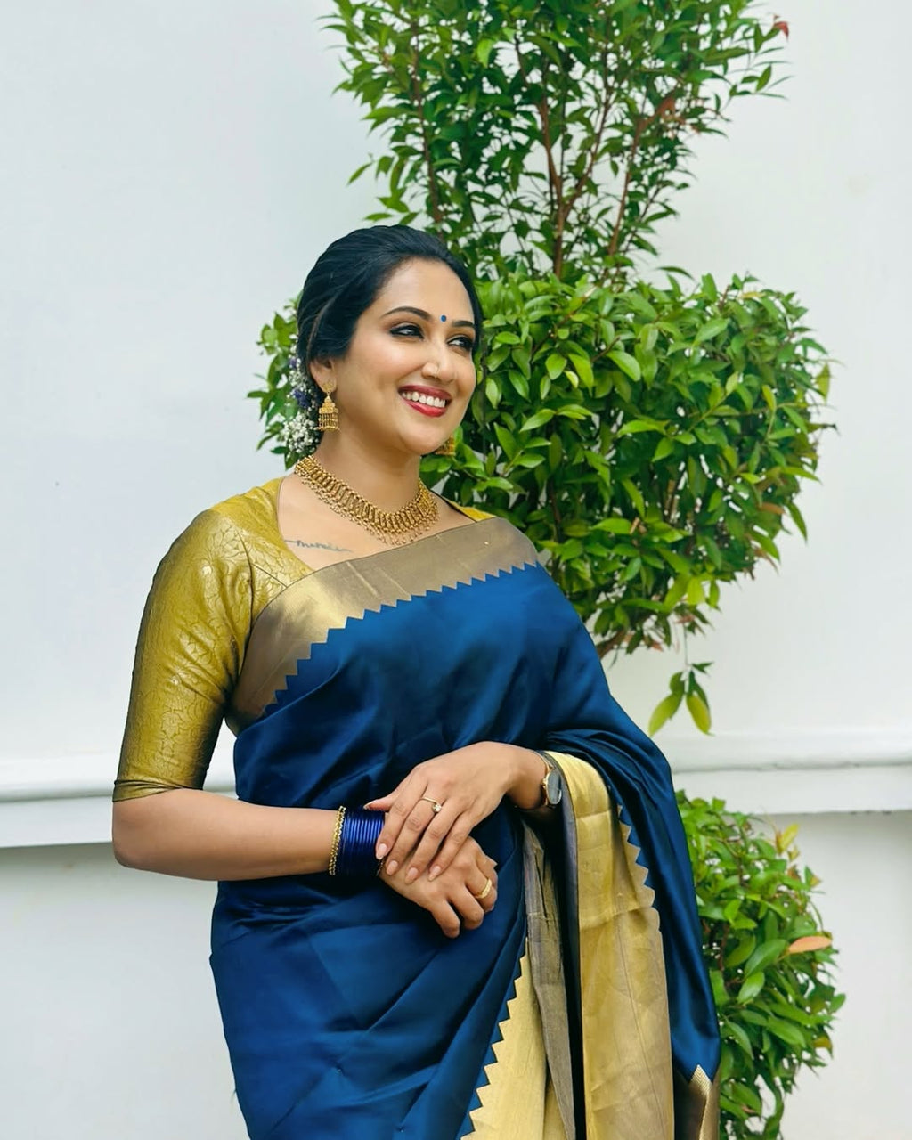 Deep Blue Silk Saree with Gold Zari Border