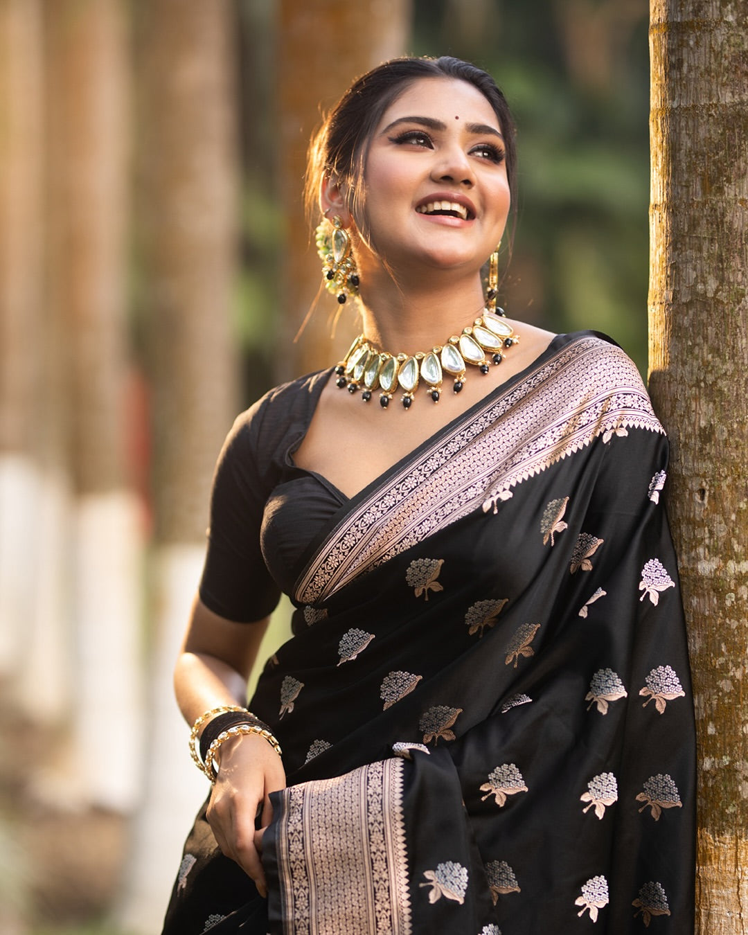 Black Silk Saree with Silver Zari Motifs & Border