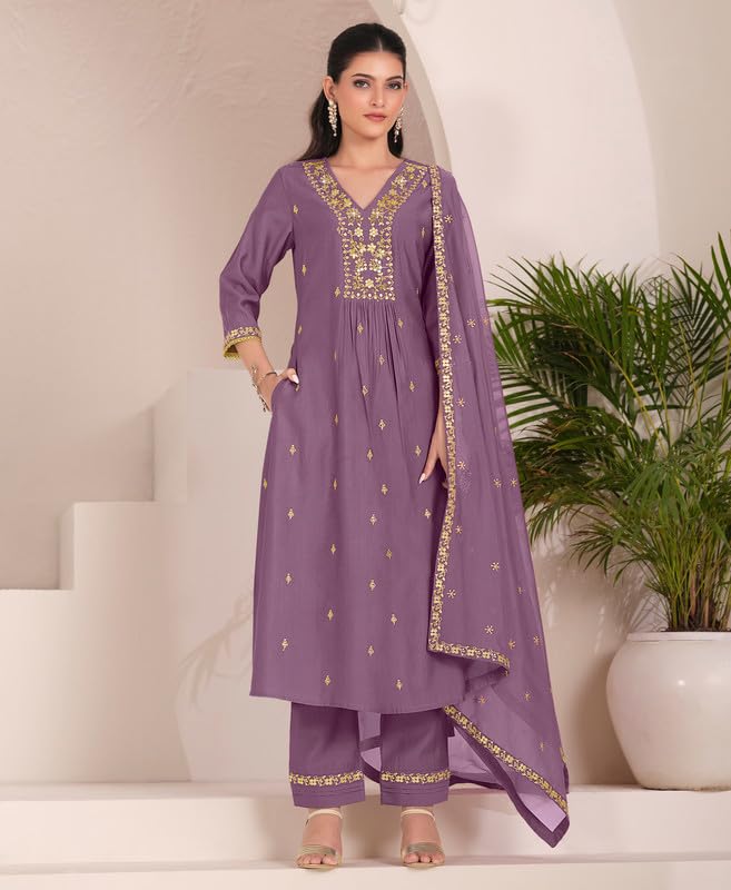 Lavender Embroidered Kurta Set with Dupatta for Women