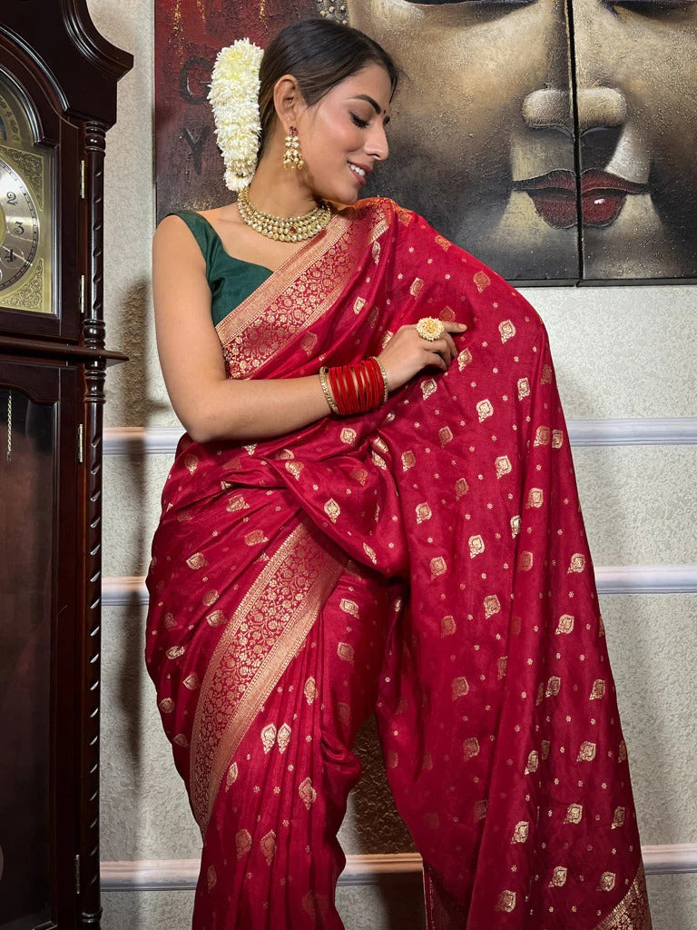 Crimson Red Silk Saree with Gold Zari Work