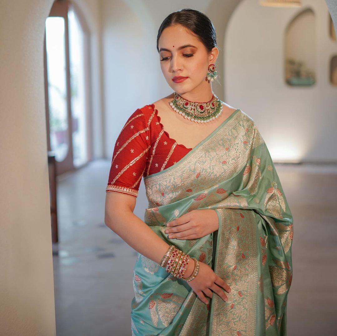 Mint Green Silk Saree with Gold Zari & Red Blouse