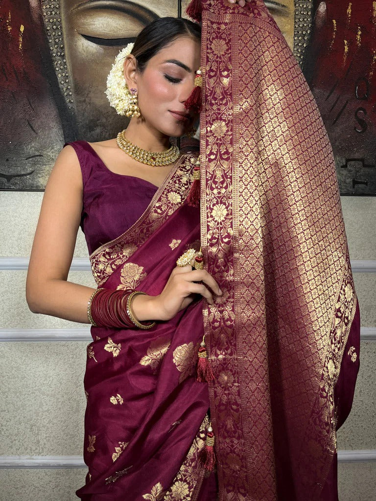 Wine Maroon Silk Saree with Gold Zari Work