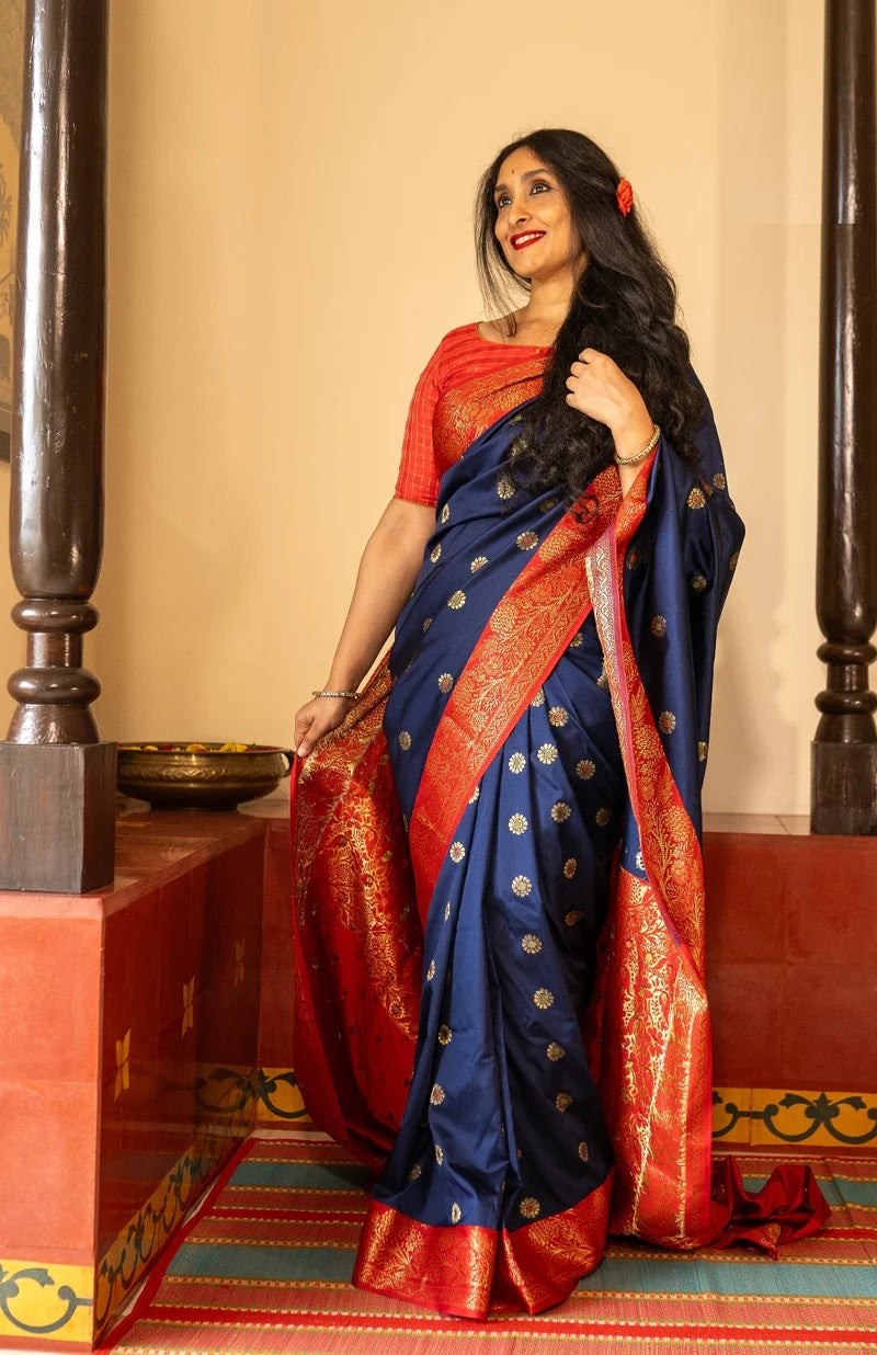 Black Saree with Red Border and Gold Motifs