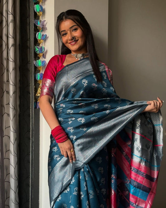 Teal Blue & Silver Kanjivaram Silk Saree
