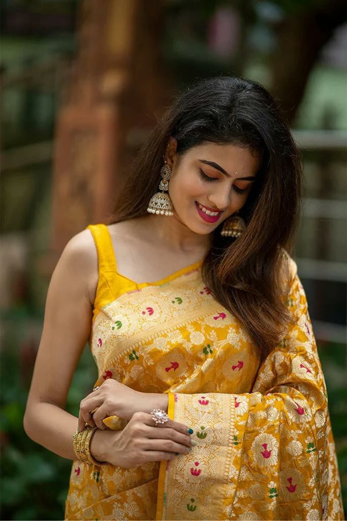 Mustard Yellow Silk Saree with Gold Zari Weaving & Floral Butta Work