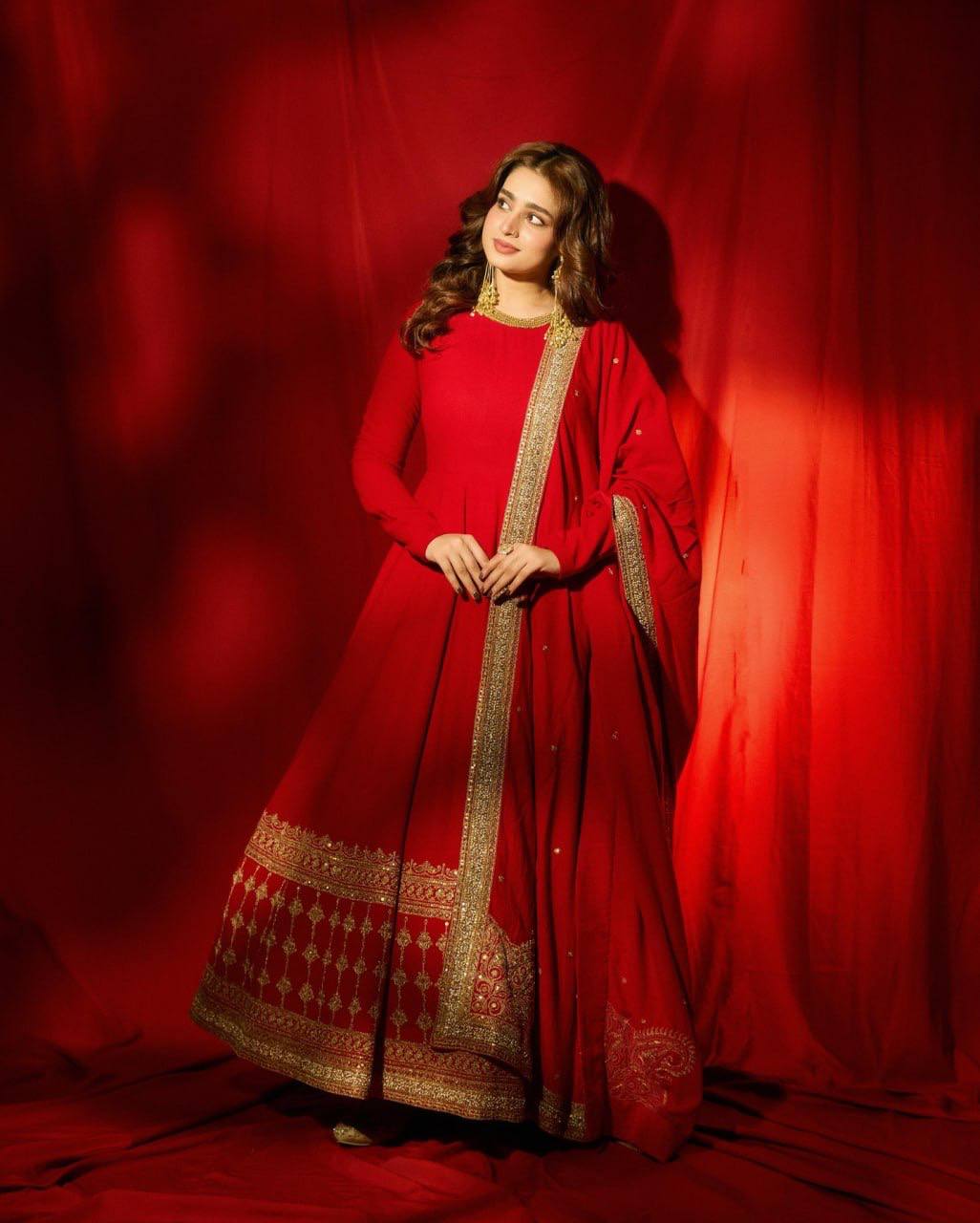 Regal Crimson Red Georgette Anarkali Gown with Heavy Gold Embroidered Border & Bordered Dupatta Set for Women