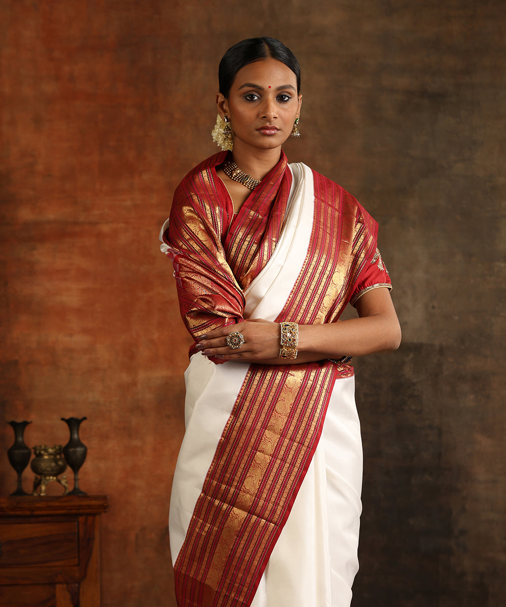 White Silk Saree with Red & Gold Border