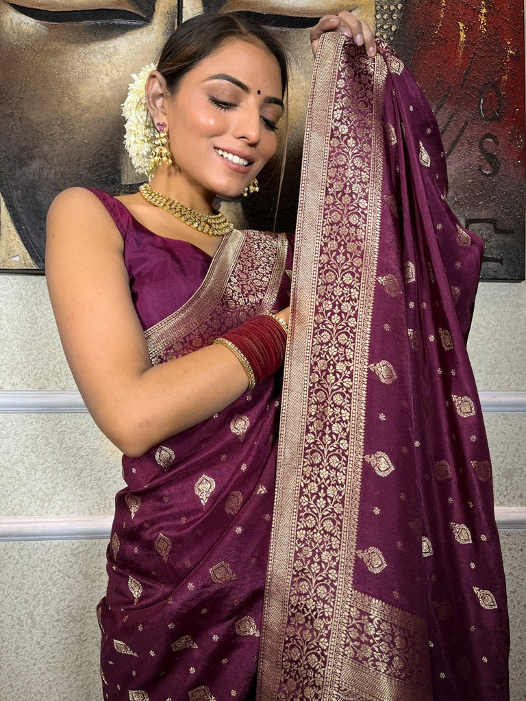 Wine Purple Silk Saree with Gold Zari Work