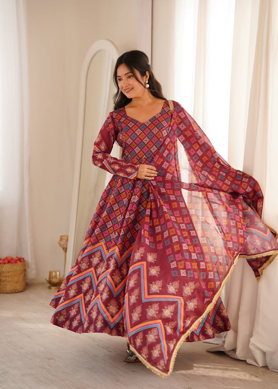 Maroon Geometric Printed Anarkali Suit Set with Dupatta