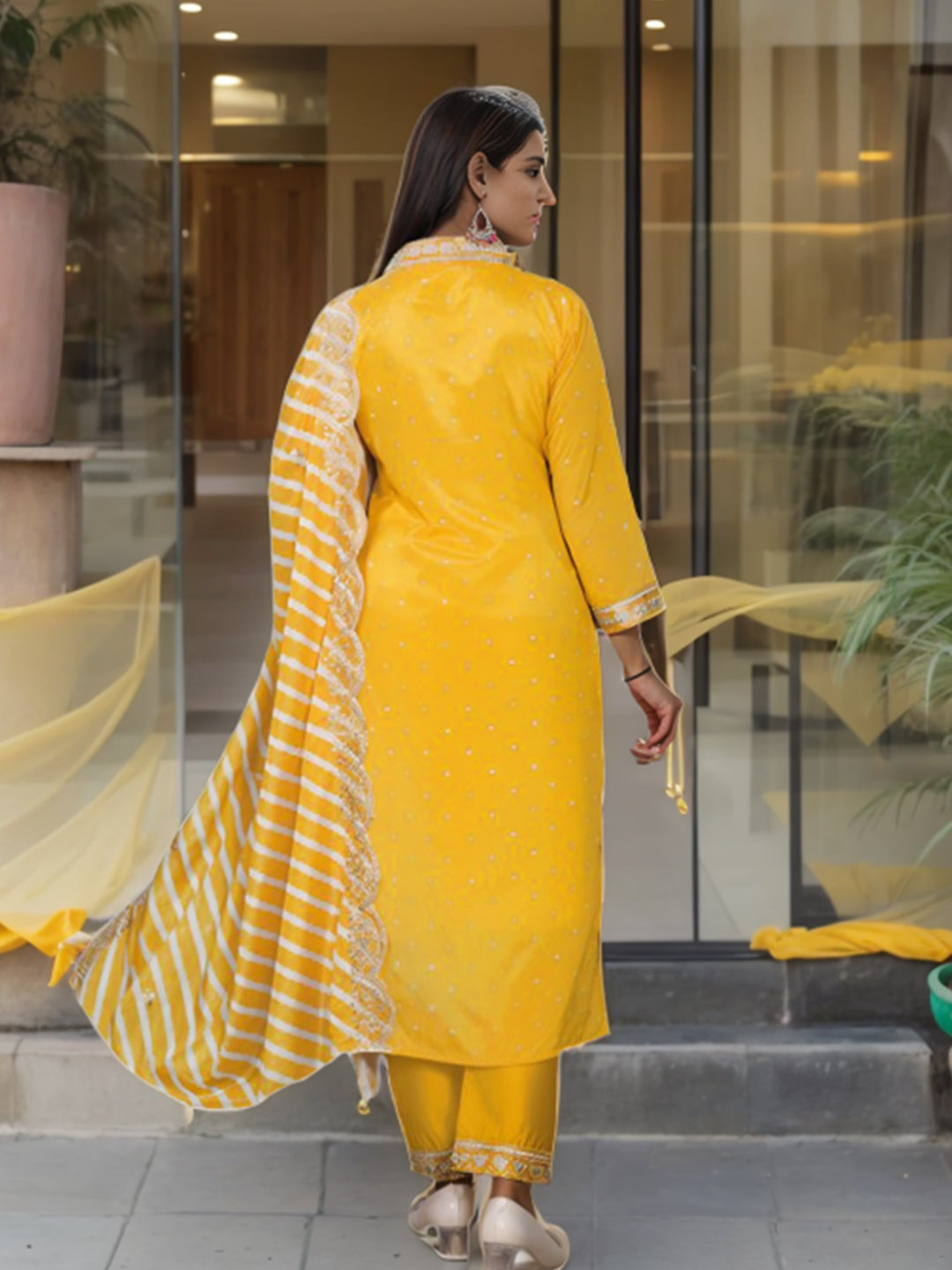 Yellow Embellished Kurta With Bottom and Dupatta Set