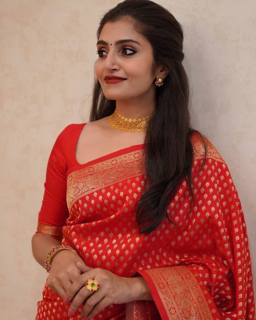 Red Silk Saree with Gold Zari Polka Motifs & Rich Border