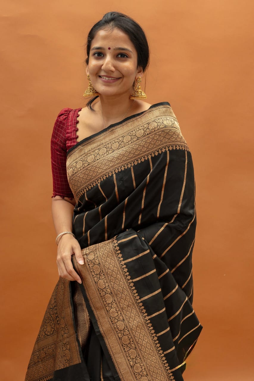 Black Silk Saree with Gold Zari Border