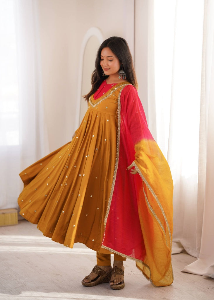 Contrast Yoke Silk Anarkali Suit Set with Dual-Tone Dupatta