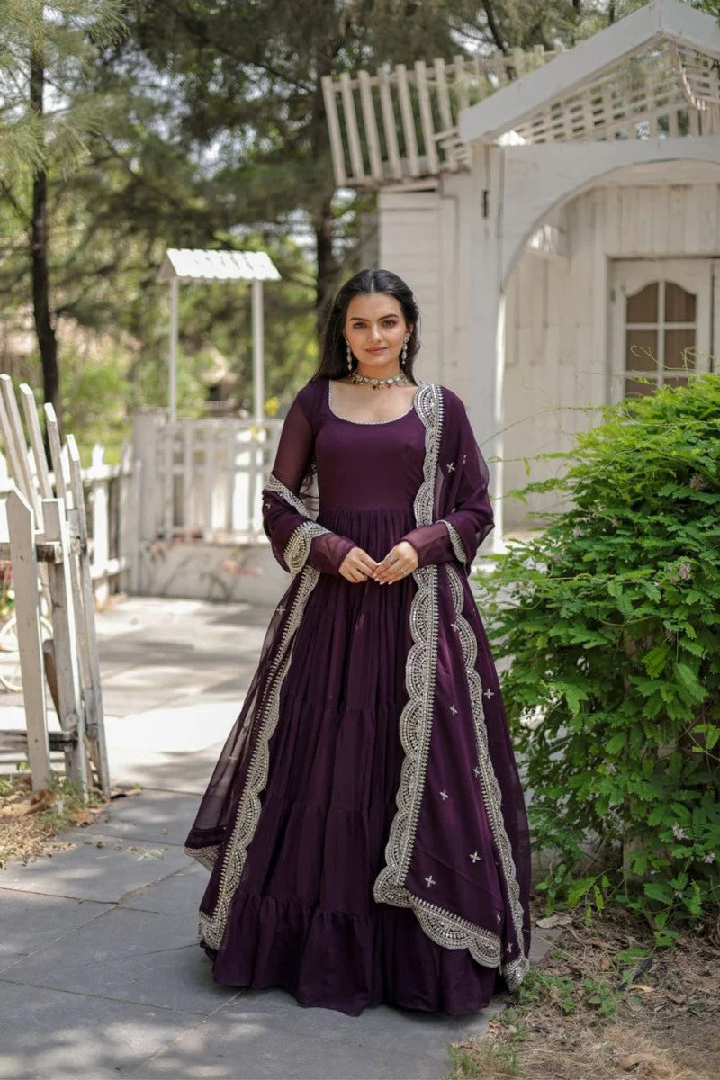 Dark Purple Anarkali Gown with Embroidered Dupatta for Women