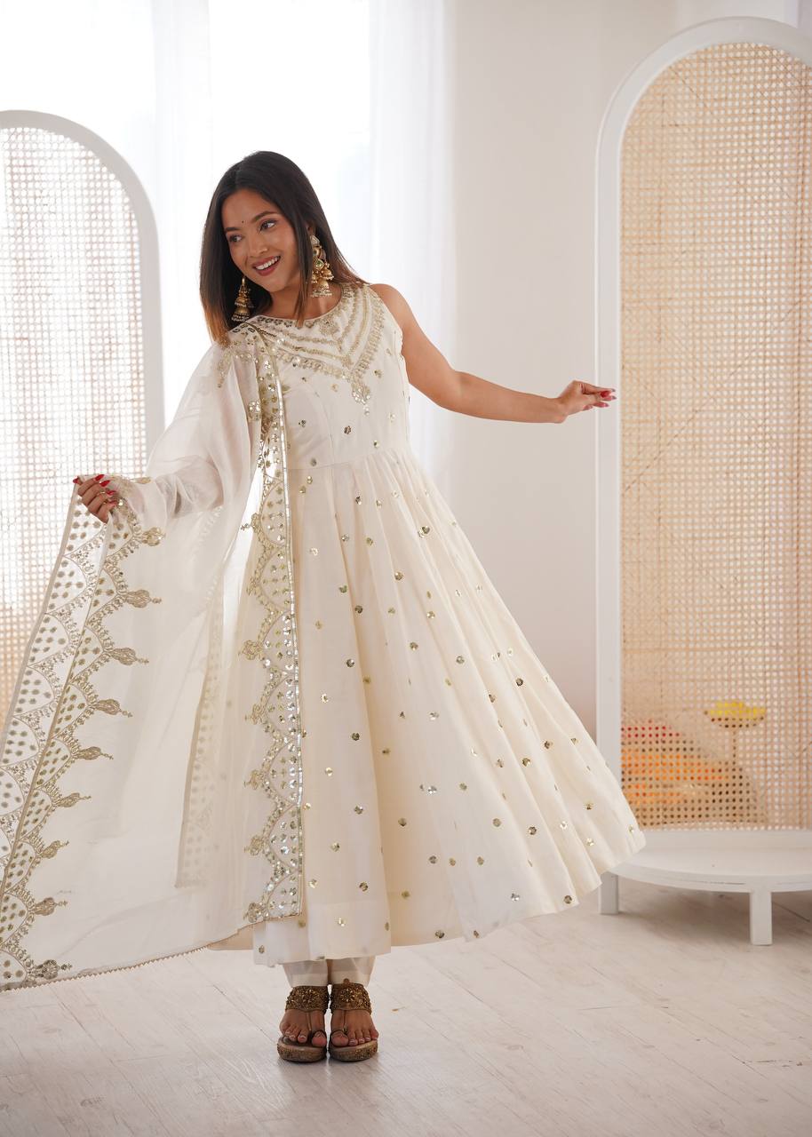 Sleeveless Heavy Yoke Embroidered Anarkali Suit with Cutwork Mirror Border Dupatta Set for Women