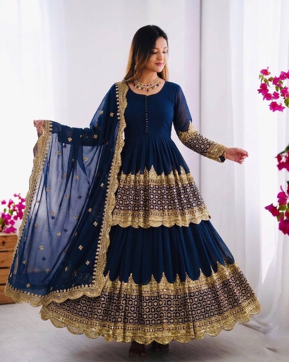 Georgette Tiered Peplum Kurti with Sharara & Net Dupatta Set
